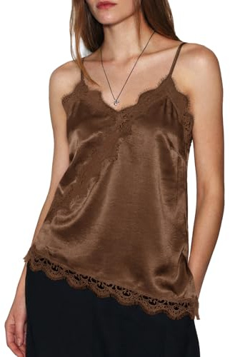 Cicy Bell Camiseta de tirantes para mujer, cuello en V, de satén, sin mangas, espalda descubierta, para verano, espaguetis con dobladillo asimétrico