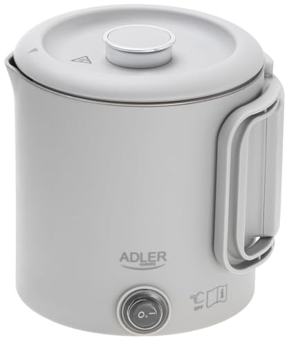 Adler Kompakter Reisewasserkocher 0,8 l 650 W | Klappbarer Griff Doppelte Edelstahlgehäuse 360° drehbarer Sockel Automatische Abschaltung Grau Typ E/F