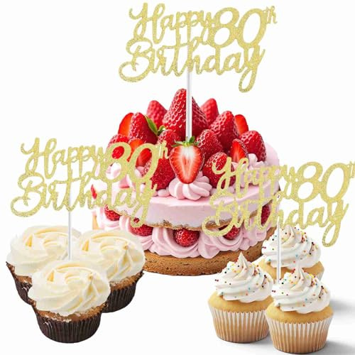 80th Birthday Cake Toppers, Gold Glitter Script Decorations, 3-Pack | White single-stake inserts, use on a main celebration bake or distribute across cupcakes and separate bakes