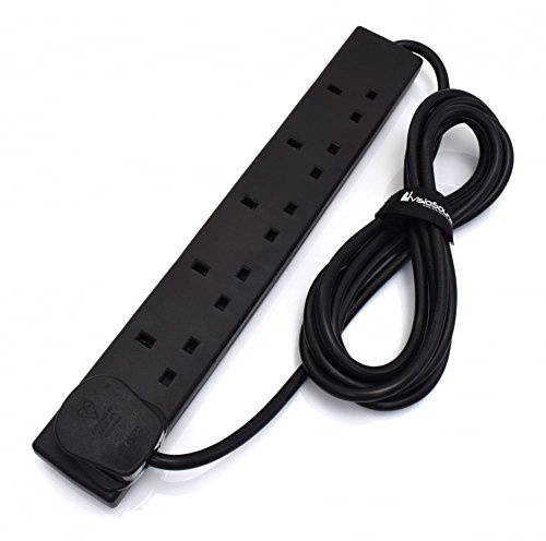 6-Gang Extension Trailing Lead/Black UK Multi Plug Power Cord Cable (3m) | Six UK 13 amp socket outputs, manufactured to British Standard 1363/A