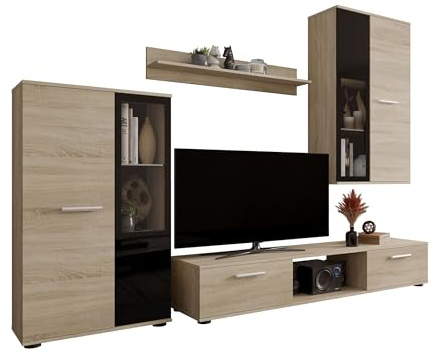 Mirjan24 Wohnwand Salsa, 4-teilig, ohne LED (Sonoma Eiche) | Anbauwand mit Stand- und Hängevitrine, TV-Lowboard, Wandregal, 2 Glasböden und teilverglasten Fronten