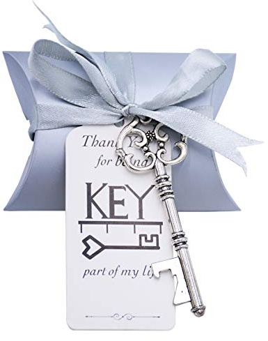 Makhry 50pcs Bomboniera Souvenir Regalo Set Cuscino Contenitore di caramelle Vintage Scheletro Chiave Apribottiglie (Argento Antico) | Set Regalo Souvenir con Scatola Cuscino per Caramelle,Decorazione Matrimonio,Festa e Gadget per Invitati