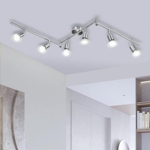 Bojim Rotatable Kitchen Ceiling Light, Adjustable Bedroom Spotlights, Nickel LED Track Lighting, 6 Way Ceiling Lamp Indoor, 6 GU10 Bulbs, 6W 4000K for Livingroom Gym Office