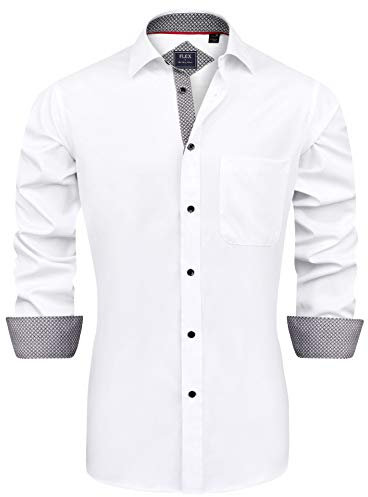 J.VER Men's White Dress Shirts Long Sleeve Business Regular Fit Fashion Button Down Stretch Formal Shirt Wedding Work Non Iron S