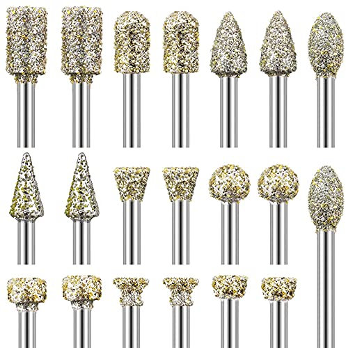 20Pcs Diamond Grinding Bit Set Grit 60, Stone Carving Set Diamond Burr Bits Compatible with Dremel Rotary Tool Accessories with 3mm Shank for Glass Grinding,Stone Ceramics Carving,Polishing