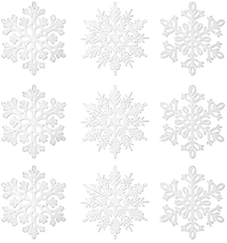 Weiß Glitzer Schneeflocken Deko - 36 Stück Plastik Schneeflocken zum Aufhängen für Christbaumschmuck Weihnachtsdeko
