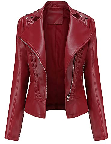 YFFUSHI Giacca corta in pelle sintetica da donna, slim, in PU, con revers, maniche lunghe, giacca per la mezza stagione, con cerniera, stile biker, casual, Colore: rosso, S