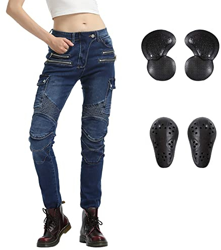 LOMENG Women Motorcycle Riding Pants Motocross Cycling Jeans Slim Stretch Pants CE Knee Hip Removable Armored Blue EU24