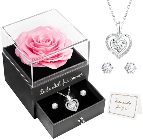 Miofula Ewige Rose Geschenke für Frauen mit Halskette Ohrringe Silber,Echte Rose Geburtstagsgeschenk für Frauen,Mama Oma Freundin Geschenk Weihnachten Jahrestag,Infinity Rosen Kette Geschenkbox Frauen