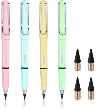 Quesuc 4 lápices sin tinta eternos,4 cabezales reemplazables,Reutilizable,Borrable,Lápiz eterno de escritura ilimitada,suministros para pintura de oficina