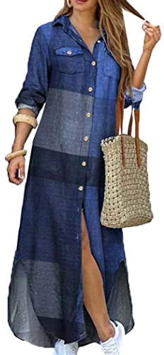OMZIN Abito da Donna con Maniche a Arrotolate Abito a Camicia Casual con Stampa Floreale Abito Ampio
