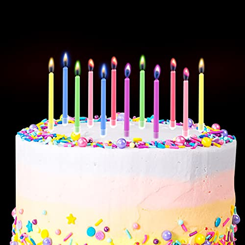 12 Bunte Flammen Geburtstag Kerzen - Mehrfarbige Kuchen Kerzen mit Haltern für Party & Hochzeitstorte Dekoration