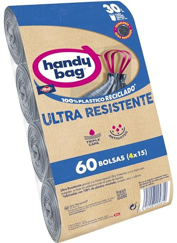 Handy Bag Bolsas de Basura Ultra Resistente, 100% Reciclado, Antigoteo, Autocierre, 30L, 60 Bolsas (4 rollos de 15 bolsas cada uno)
