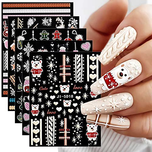 5 Blatt 3D Nagelsticker Weihnachten Nagelaufkleber 5D Stereoskopisch Selbstklebend Schneeflocke-Weihnachtenwinterurlaub Nail Art Sticker Dekoration Nageldesign Zubehör