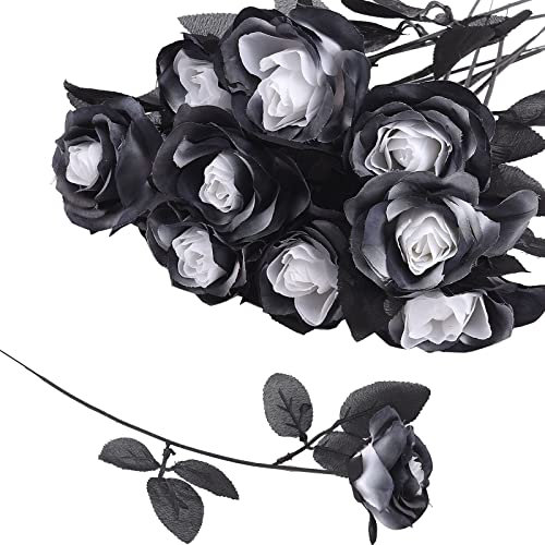 JUKIDS 12 künstliche schwarz-weiße Rosen, Halloween-Rose, künstliche Seidenblumen, Rosensträuße für Hochzeit, Party, Heimdekoration, Halloween-Dekoration