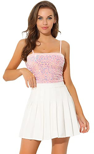 Allegra K Damen Pailletten Oberteil Ärmellos Tanktop Spaghettiträger Glitzer Cami Party Crop Top Rosa XS