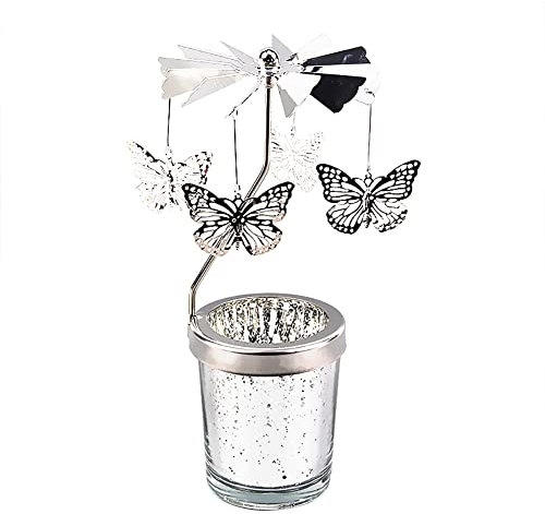 Surakey Windlicht Teelichtkarussel aus Glas Teelichthalter,Silber Karussell Teelichter Kerzenhalter,Motiv Schmetterling Windlichter Teelicht Kerzen Halter Geschenk Dekoration für Hochzeit,Weihnachten