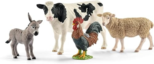 Schleich FARM WORLD - 4 PC Starter Barnyard Animal Set - Includes Cow, Sheep, Rooster and Sheep Figurines - Farm Animal Toys for Kids 3+ | 42385
