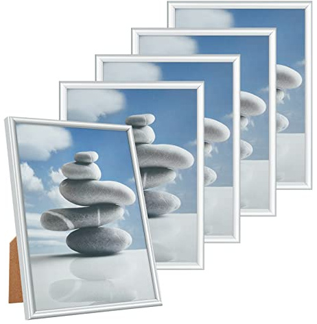 Alishomtll Juego de 5 marcos de fotos plateados, 15x20 cm, juego de marcos de plástico para varias fotos, color plateado