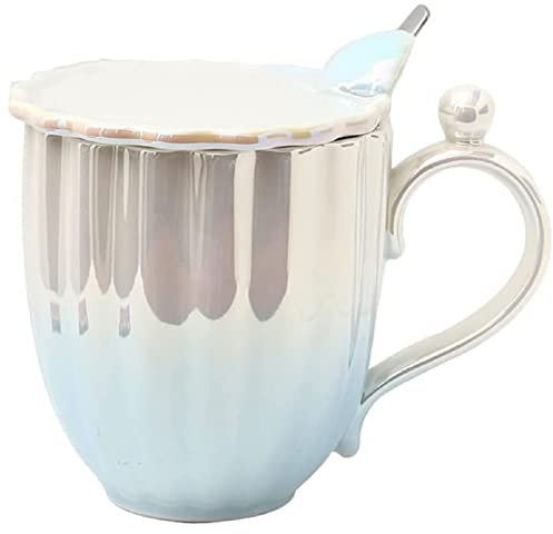 FülleMore 420ml große Kaffeetasse mit Deckel und Löffel Süßes Muschel Desgin Keramik Kaffeebecher Kakaobecher Geburtstag Weihnachten Geschenk Trinkbecher für Büro,Zuhause (Farbverlauf-Blau)