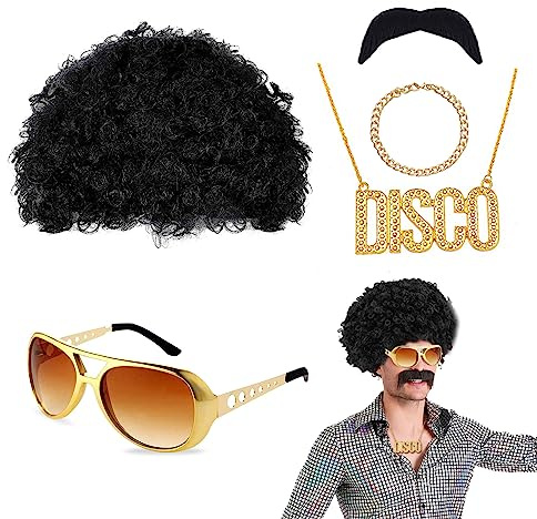 VIKSAUN 5 st disco hippie kostym, funky afro peruk, hippie peruk, hippie fin klänning män, HIppie tillbehör, för 60-tal 70-tal 80-tal maskeraddräkt disco tema fest (5 st)