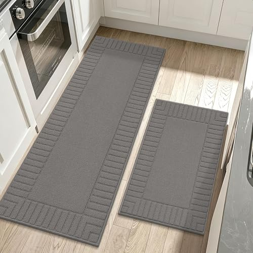 BEQHAUSE Kitchen Rugs Washable Kitchen Mats Floor Non-Slip Kitchen Mats Absorbent Kitchen Runner with TPR Non Skid Backing,Set of 2(60X89cm+60X152cm,Grey)