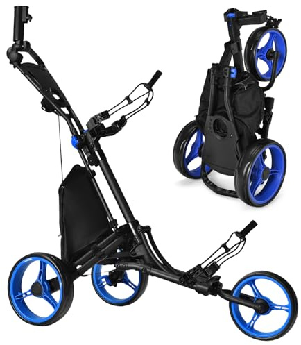 SPOTRAVEL 3 Wheel Golf Trolley, Folding Golf Cart | with Storage Bag, Umbrella Holder, Foot Brake & Built-in Cooler, Portable Golf Push Trolley
