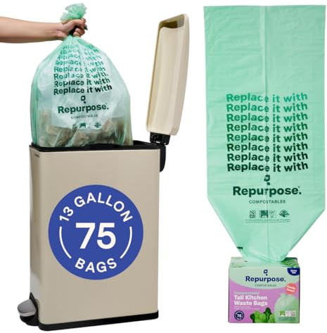 Repurpose 13 Gallon Compostable Kitchen Trash Bags, 75 Bags, BPI Certified, Leak-Proof, FDA Approved, Recyclable Packaging
