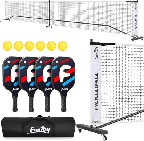 Fostoy Juego de red de pickleball con ruedas, tamaño reglamentario de 22 pies, 4 paletas y 6 bolas de pickleball, bolsa de transporte, marco de metal estable y red de polietileno de 18 capas para