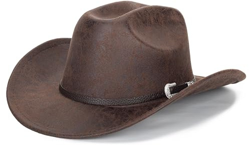 Eohak Chapeaux de Cowboy Occidentaux pour Femmes-Hommes Brun-PU-Cuir-Chapeau de Cowgirl à Large Bord -Fedora-Chapeaux Outback Tourist Knight Hat (M-L), Marron, Taille M