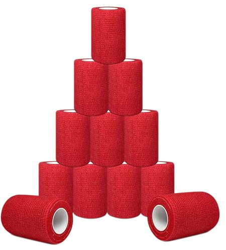 12 Rollos de Venda Cohesiva Roja Autoadhesiva 7,5 cm x 4,5 m | Banda Venda Cinta Vendaje Adhesiva Deportiva Elástica Tape Crossfit Dedos
