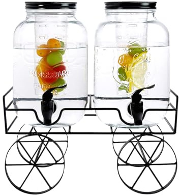 Crystals 2 X 4L Glass Water Dispenser with Tap - Easy Filling & Wide Mouth Leak-Proof Mason Jar with Tap - Includes Durable Wire Stand – Thick Glass Drinks Dispenser for Juice, Cocktails and Beverages