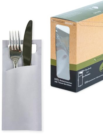 PRIME GUEST Bestecktasche grau Prime Fit 85x190mm Bestecktaschen mit Serviette in Weiß Serviettentaschen ideal für Gastronomie und Feiern (Grau, 100 Stück)