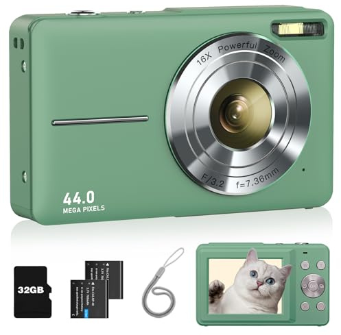 Appareil Photo numérique 4K 48 MP Anti-tremblement avec Carte de 32 Go, 2 Batteries de 800 mAh, Zoom numérique 16x, Appareil Photo Compact 4K pour débutants