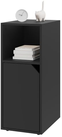 WOLTU Nachttisch schmal, Beistelltisch mit offenem Fach und Tür, Verstellbarer Ablage, 25x62x35 cm, Nachtschrank Bett, Nachtkästchen Nachtkommode modern, für Schlafzimmer, Schwarz, NTS16sz