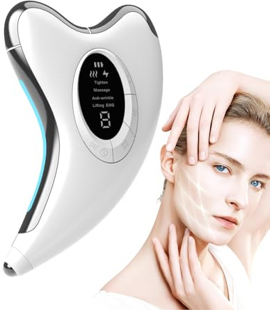 EMS Gua Sha Elektrisch, Gesichtsmassagegerät mit Wärme & Vibration & LED Blau/Gelb/Rot Licht, 4 Modi 9 Intensitätsstufen Massager Gerät Für Gesicht Hals Anti Falten, Anti Aging, Face Lifting