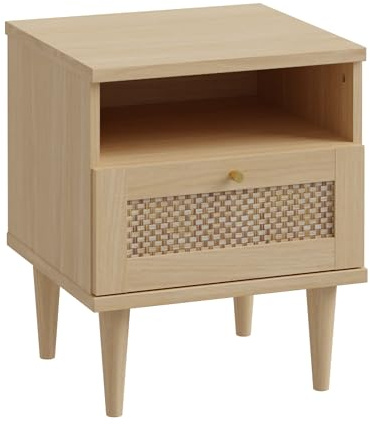Forte CALASETTA Nachttisch 40 50, Boho-Stil mit Wiener Geflecht, Nachtschrank, Bettkommode, Holzwerkstoff, Elegancia Eiche Holzdekor/Technorattan, 45 cm breit x 54,5 cm hoch x 41 cm tief