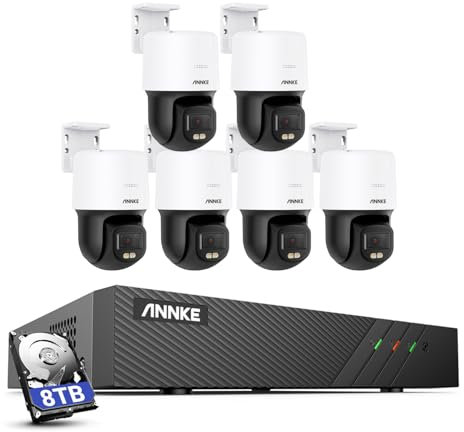 ANNKE 3K PT POE - Telecamera di sorveglianza per esterni, 6 telecamere IP con audio a 2 vie, inclinazione a 340°, visione notturna a colori F.10, allarme di movimento, accesso remoto, 8CH H.265+ NVR