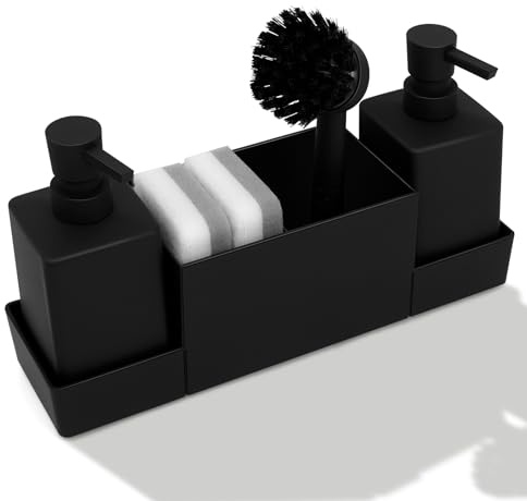 ZephyrCraft Spülbecken Organizer Schwarz – Seifenspender Set mit Spülmittelspender, Schwammhalter und Bürstenhalter, Spülorganizer für Küche, Küchenzubehör & Küchen Gadgets