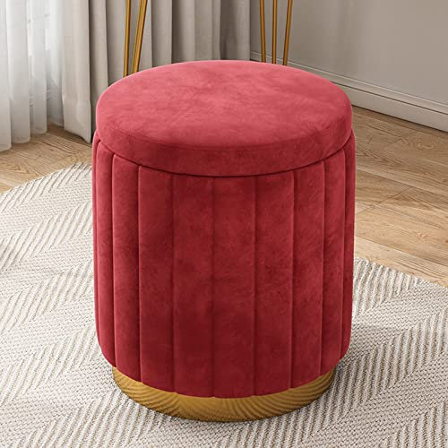 Samt-Ottomane mit goldfarbenem Boden, große Kapazität, Fußstütze, Hocker für Wohnzimmer, Schlafzimmer, Rot, 34 x 34 x 45 cm