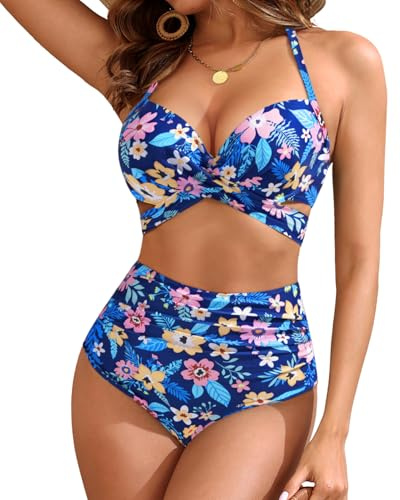 Blue Floral High Waisted Underwire Bikini Sets - Women 2025 Two Piece Swimsuits Halter Bathing Suits with Tummy Control Bottom M