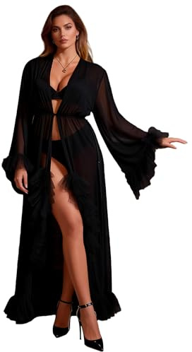 ohyeahlady Kimono Donna Pizzo Lungo Taglie Forti Vestaglia Kimono Morbida Estiva Con Cintura Costume Da Bagno Curvy Accappatoio Bikini Camicia Da Notte Manica Lunga Pigiama Largo Lingerie Nero,M-L