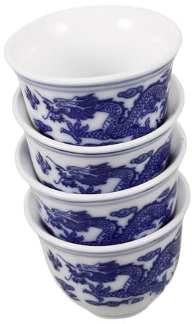 Mobestech 4pezzi Tazza Da Tè in Ceramica Stile Cinese Blu e Bianco Tazza Da Tè Retrò Per Uso Domestico Portatile e Pratica Adatta Per Ufficio