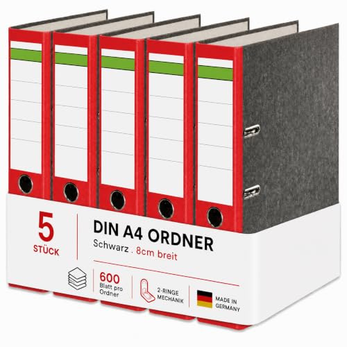 Conipa Ordner A4 Breit 8 cm, 5 Stück, Rot, für bis zu 600 Blatt | Robuste Aktenordner mit 2-Ring-Hebelmechanik, Griffloch und Recyclingkarton – für Büro, Schule & Homeoffice, Made in Germany