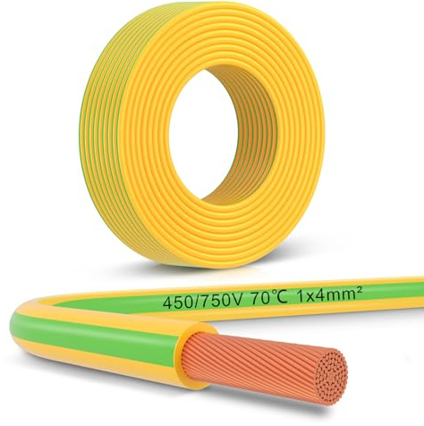 LightingWill 10 Metres 1 x 4 mm² Earth Cable, 4 mm2 Electrical Cable Earth Cable, Green/Yellow PVC Flexible Wiring Cable for Grounding Applications and Electrical Installations