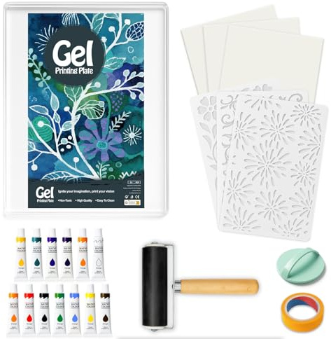 INNOVAYOU Kit per stampa gel da 12,7 x 17,8 cm, con stampa in gel, rullo in gomma, colori ad acquerello, stencil, carta da stampa, rulli e baren, adatto per realizzare biglietti, arti e mestieri