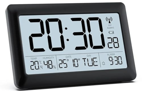 LATEC Wecker Digital Funkuhr, Funkwecker mit DCF-77, Wanduhr und Tischuhr mit 7,5 LCD Bildschirm, Wochentag(7 Sprachen), Hintergrundbeleuchtung, Kalender, Temperatur(Inklusive Batterie)