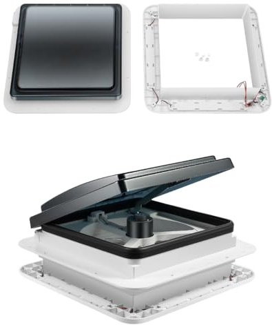 Belüftung für Wohnmobil, 28 x 28 cm Dachventilator, 12V RV Dachventilator, 4-LED-Leuchten, Luftstrom 5-35m³/min, Anzahl der Klingen 10, Beleuchtete Fläche 2m² für RV, Wohnmobil und Wohnwagen usw