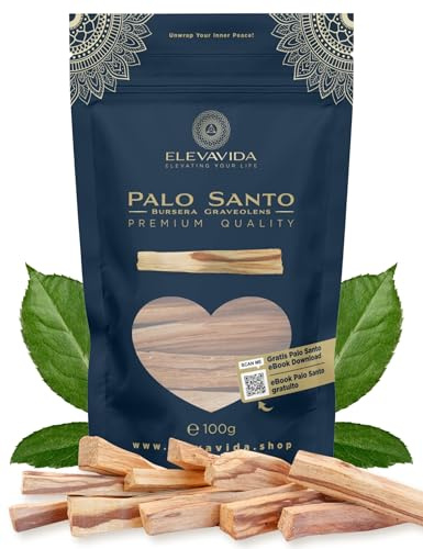 ELEVAVIDA Palo Santo 100 g Räucherholz aus Peru - aromatisch duftend, nachhaltig gesammelt - Palo Santo Räucherstäbchen - Bursera Graveolen - heiliges Holz