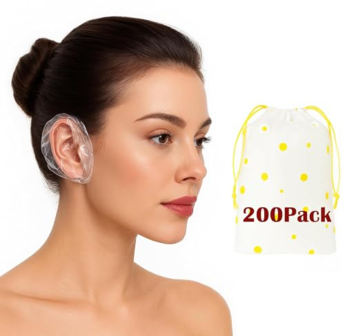 200 Pack Disposable Waterproof Ear Covers for Shower & Hair Dye – Clear Plastic Ear Caps with Soft Elastic, One Size for Adults, with Drawstring Storage Pouch for Neat, Travel-Ready Carry